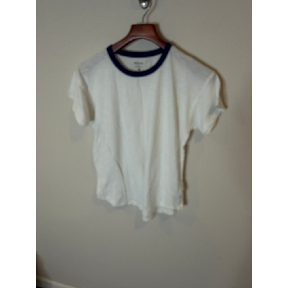 NWOT Madewell Women Whisper Cotton White Navy Blue Ringer Tee Shirt Size M